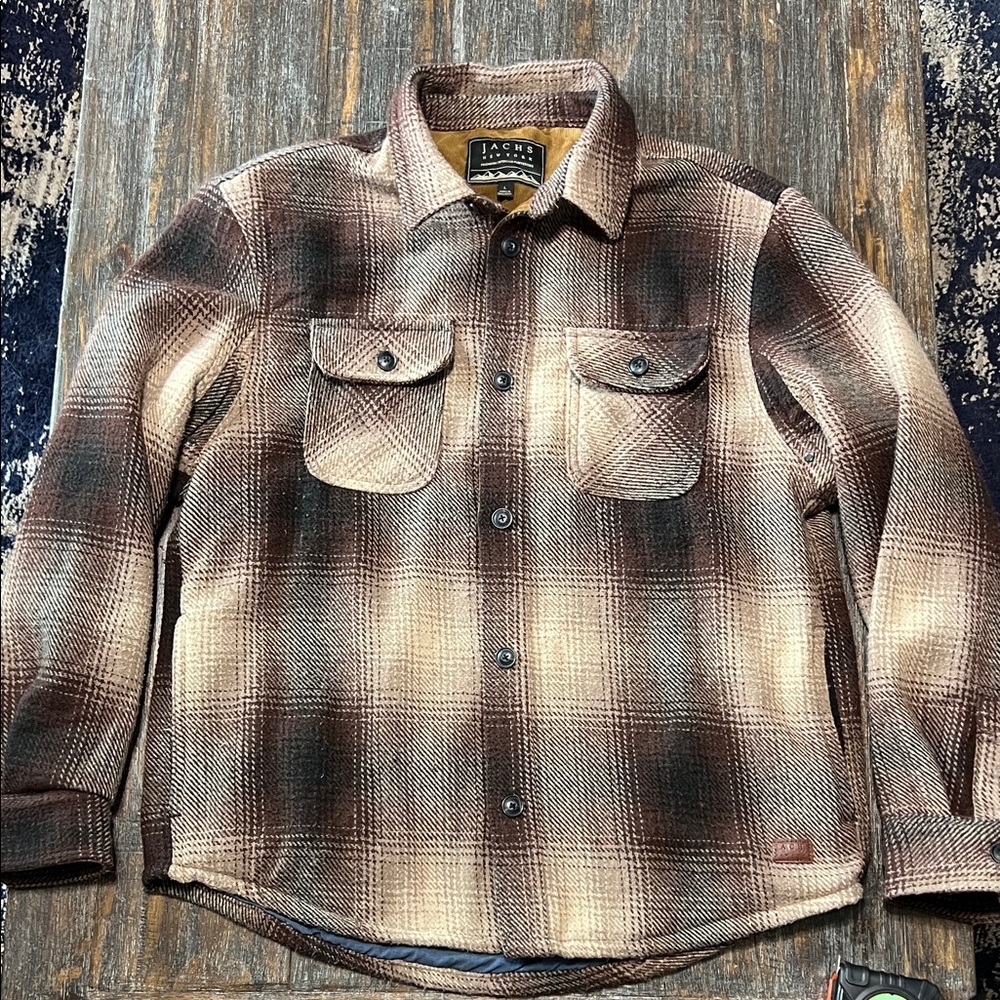Jachs Brown and Cream Plaid Button-Up Shirt Jacket Wool Blend